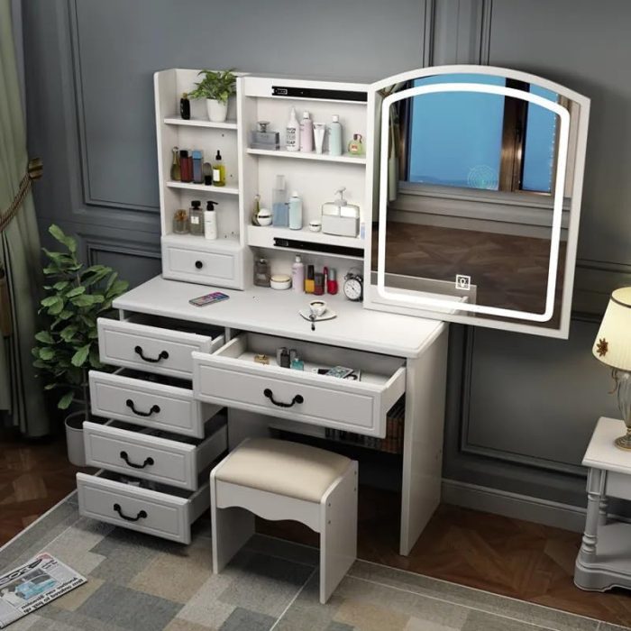 Modern vanity dresser with a mirror, perfect for makeup and storage