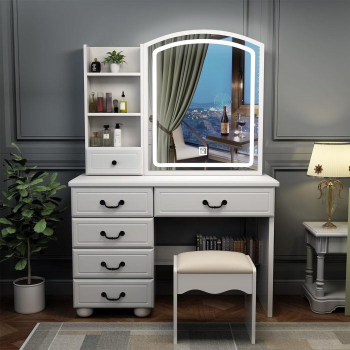 Elegant Vanity Dresser with Attached Mirror Modern vanity dresser with a mirror, perfect for makeup and storage