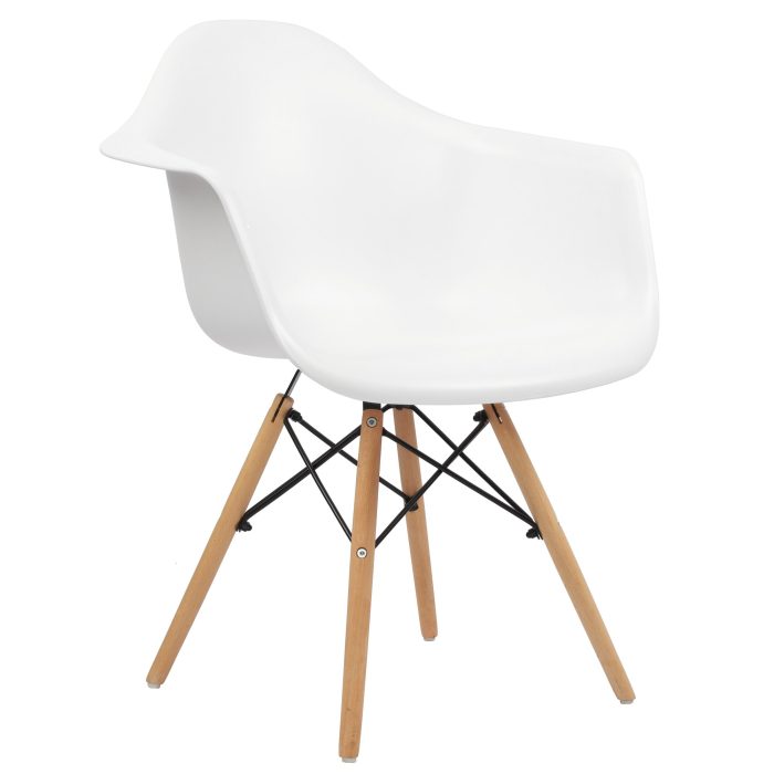 Iconic Eames Plastic Chair Modern Eames-style plastic chair in a bistro setting.