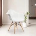 Modern Eames-style plastic chair in a bistro setting.