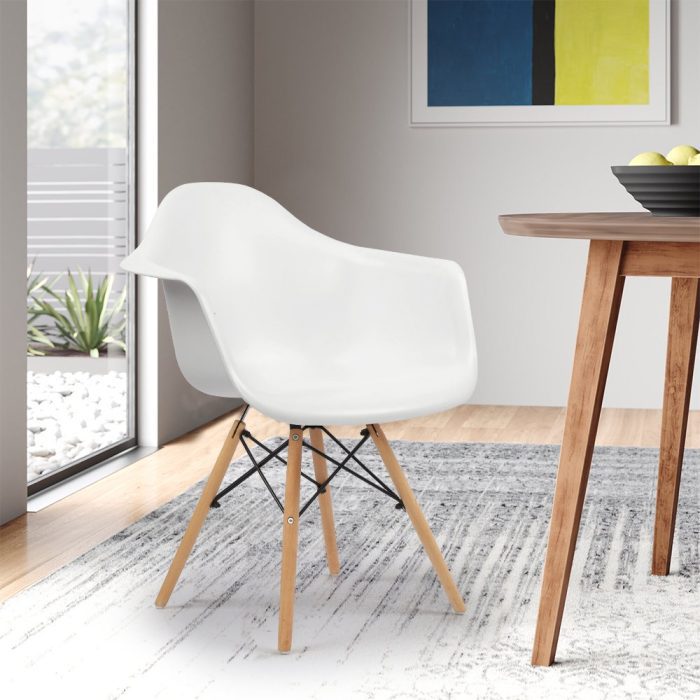 Iconic Eames Plastic Chair Modern Eames-style plastic chair in a bistro setting.